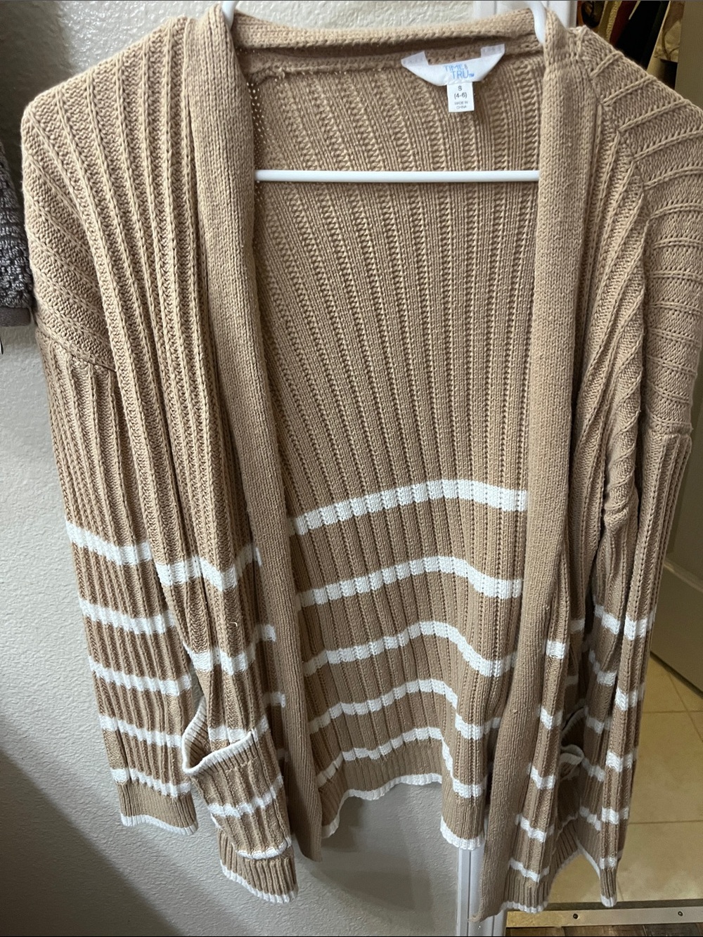 Time and Tru Tan and White Striped Open-Front Cardigan